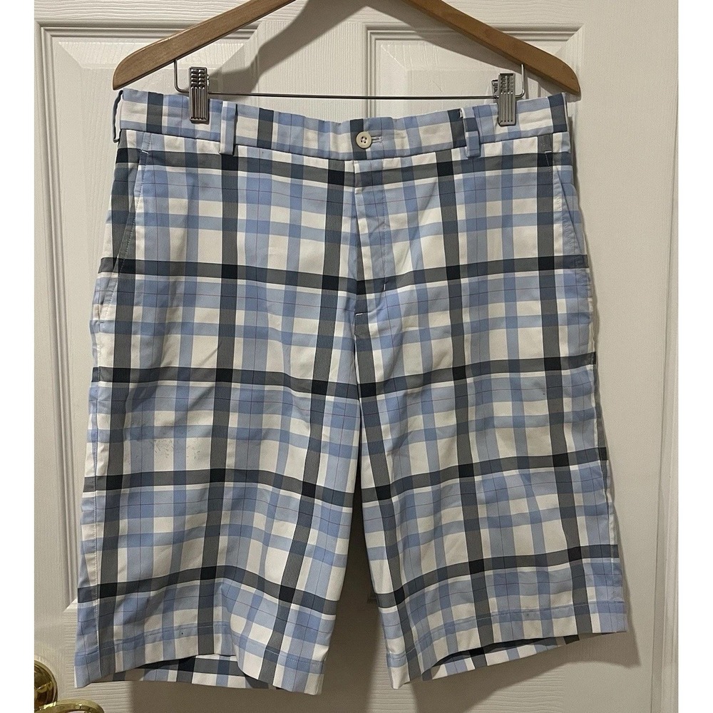 Nike Golf Dri-Fit Plaid Bermuda Shorts Mens 35 Blue White Performance Flat Front